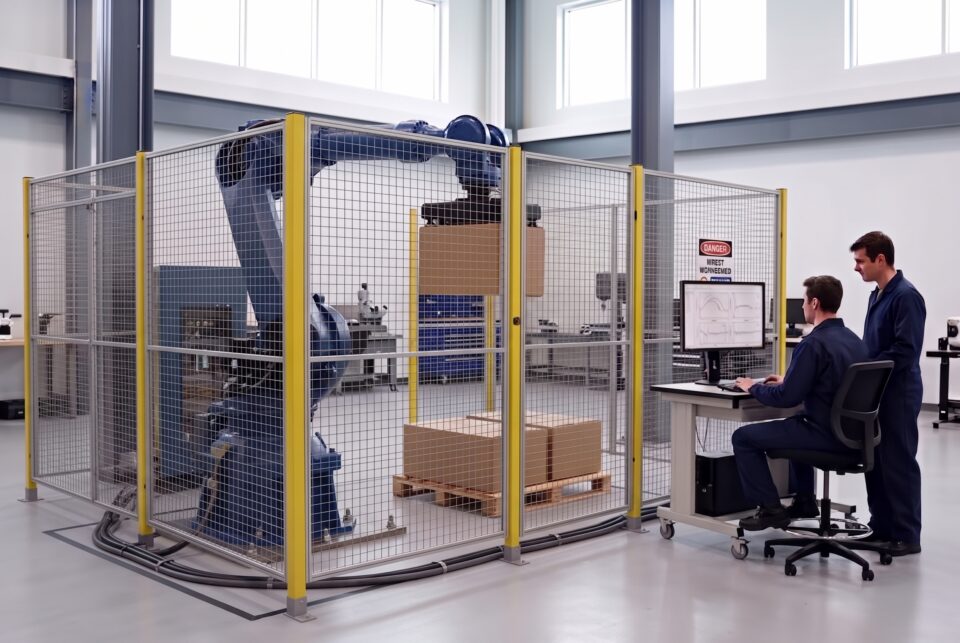Industrial carton-handling robot with engineers in a robotics lab; AI-generated illustration.