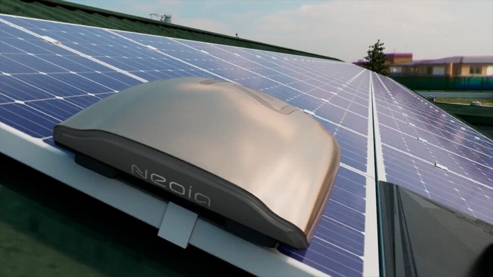 Neoia cleaning robot operating on solar panels.